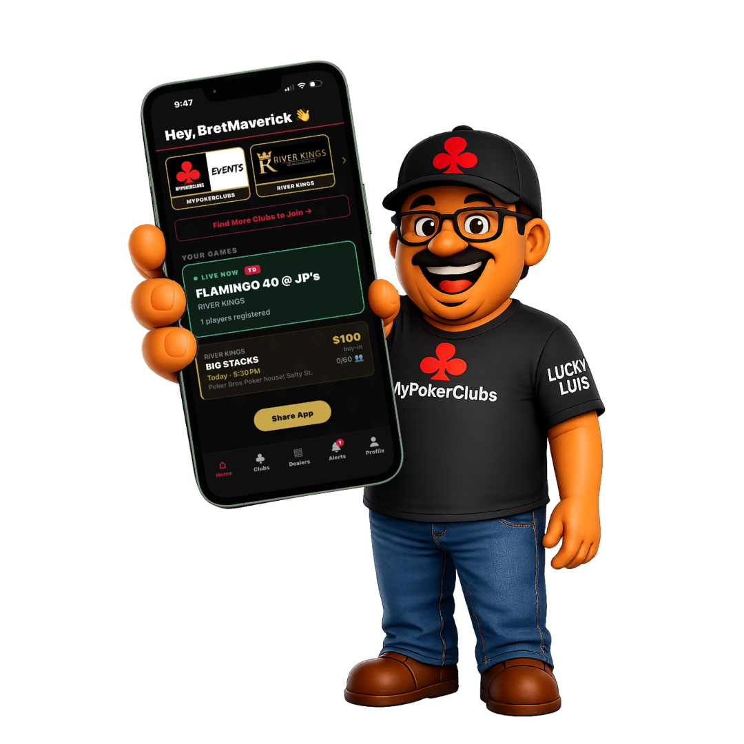 Lucky Luis holding the MyPokerClubs app